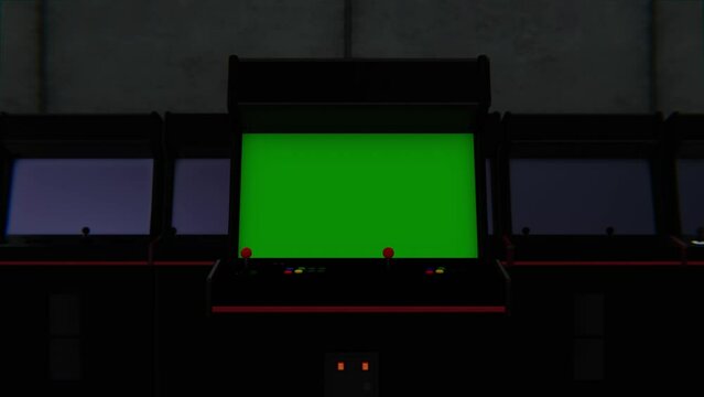 animation of an old arcade game with a green display and blurred background in an arcade
