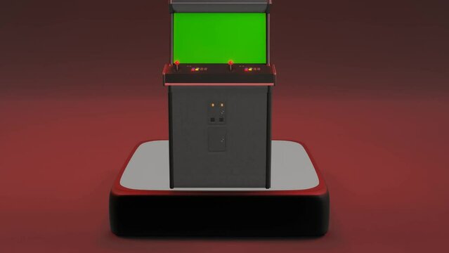 animation of an old arcade game with a green display and blurred background in an arcade