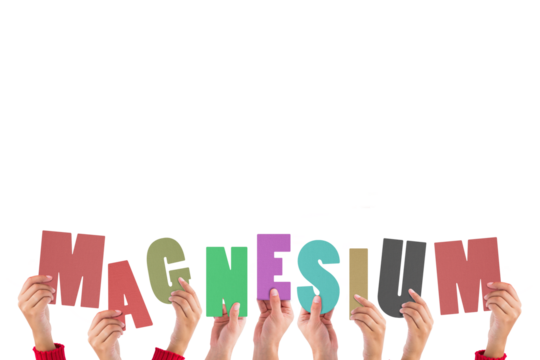 Digital png illustration of hands with magnesium text on transparent background - Powered by Adobe