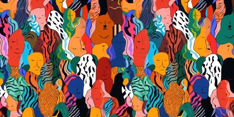 Colorful diverse people crowd abstract art seamless pattern. Multi-ethnic community, big cultural diversity group background illustration in modern collage painting, Generative AI