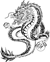 Japanese red dragon tattoo.Dragon on red background for Chinese New Year.Gold Chinese Dragon vector.Gold line art King Dragon tattoo.cartoon vector for t-shirt.