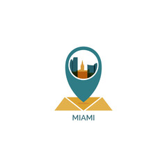 USA, Miami map pin point, geolocation, skyline shape vector logo, icon, isolated illustration. United States of America, Florida emblem with landmarks and building silhouettes