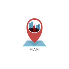 USA, Miami map pin point, geolocation, skyline shape vector logo, icon, isolated illustration. United States of America, Florida emblem with landmarks and building silhouettes