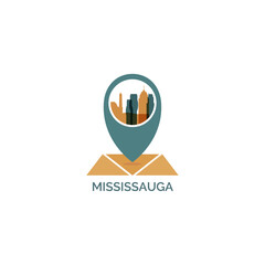 Canada Mississauga map pin point geolocation modern skyline shape pointer vector logo icon isolated illustration. Canadian Ontario province pointer emblem with landmarks and building silhouettes