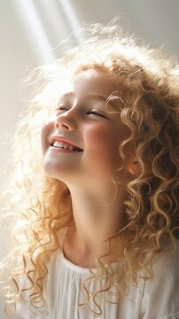 Blonde happiness little girl with curly hair receives miracle sun rays from the sky.