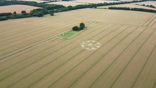 Establishing aerial view Micheldever crop circle patterns formed into rural Hampshire farmland cornfield