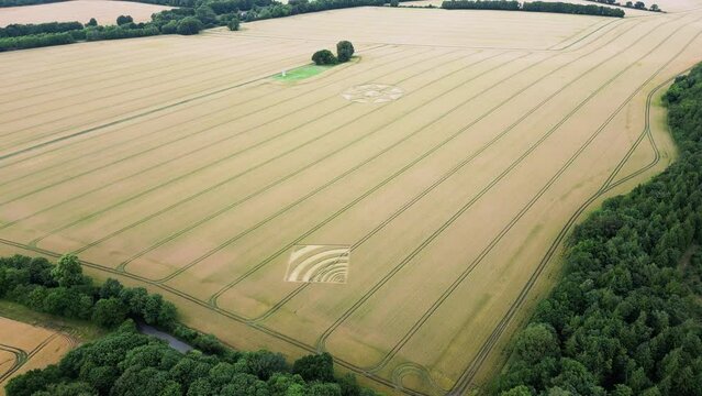 Aerial view looking down over Micheldever, Hampshire farming countryside crop circles formed on golden wheat field 2023