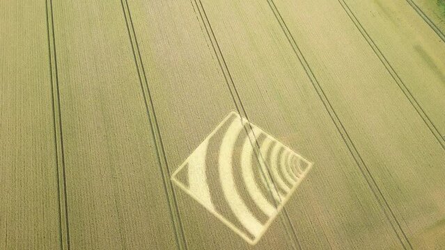 Aerial view looking down over geometric wave crop square pattern in Micheldever, Hampshire golden wheat farmland 2023