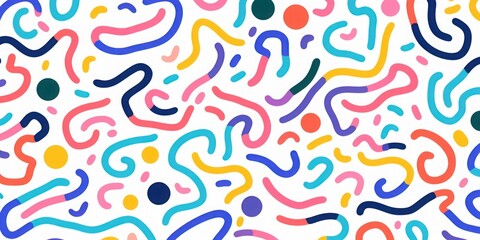 Fun colorful line doodle seamless pattern. Creative minimalist style art background for children or trendy design with basic shapes. Simple childish scribble, Generative AI