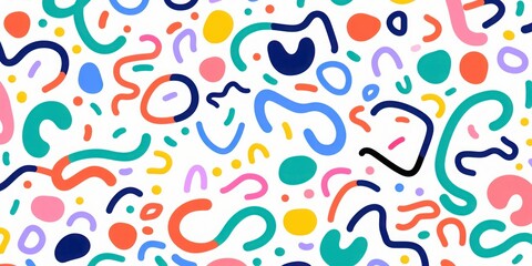 Fun colorful line doodle seamless pattern. Creative minimalist style art background for children or trendy design with basic shapes. Simple childish scribble, Generative AI