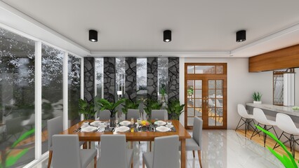 Kitchen and dining room interior design. Modern and bright. Modern Material. Perfect for magazines, drafts. 3d renders
