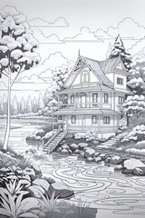 A drawing of a house with a porch and a tree in the background.