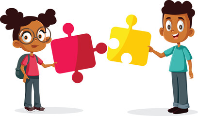 Students Holding a Big Educational Puzzle Vector Cartoon Illustration. Happy friends collaborating to complete a jigsaw game 
