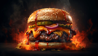 Delicious Burger with fire flames - obrazy, fototapety, plakaty