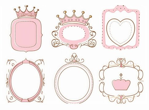 Set of cute doodle mirrors. Princess element of design. Pink frames with crown, tiara. Sketch hand drawn. Child's picture. Invitation birthday template. Baby shower girl card. Decorative, GenerativeAI