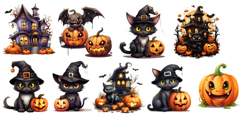 Halloween Clipart Sticker set, isolated Background PNG generated ai
