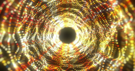 Abstract yellow energy tunnel made of particles and a grid of high-tech lines with a glowing background effect