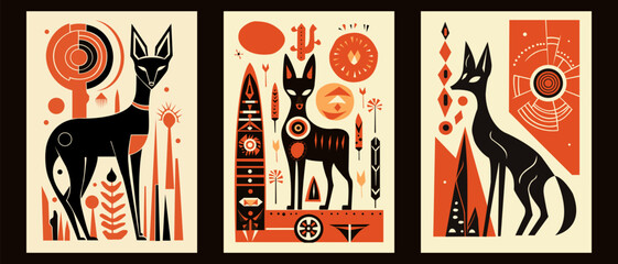 Fototapeta premium Set of abstract ethnic style fox, coyote in simple shapes design, retro, vintage vector illustration. Geometric, unique style art. Black, red colors. For poster, card, banner, postcard, decoration.