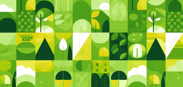 Green eco friendly symbol mosaic seamless pattern illustration with nature abstract shapes. Fresh organic concept background print. Minimalist environment shape texture, geometry, Generative AI