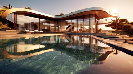 Fototapeta premium A Luxury resort, swimming pool at twilight and sunlight. 