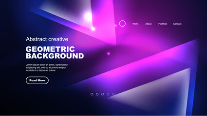 Abstract background landing page, glass geometric shapes with glowing neon light reflections, energy effect concept on glossy forms