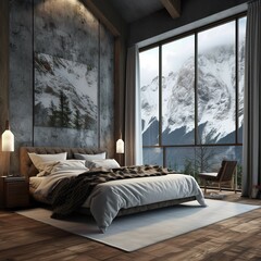 The interior of the bedroom is elegant and modern in a large house with a dark atmosphere and a cold mountain view from the windows.