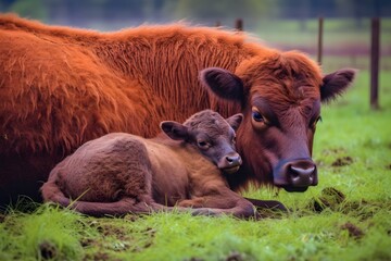 a mother cow and her calf are sitting in the meadow