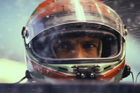 Sport high-speed racing, close-up of concentrated serious male car racer in protective helmet looking away