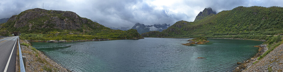 Landscape at the road E10 on Lofoten in Nordland county, Norway, Europe
