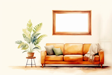 Sofa and mockup frame in cozy living room