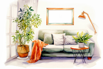 Sofa and mockup frame in cozy living room