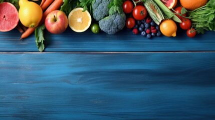 Fruits and vegetables on blue background. Healthy food concept with copy-space. Top view. © vlntn