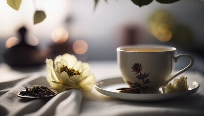 Fototapeta na wymiar Herbal green tea, hot healthy beverage concept. Banner with copy space. Beautiful still life.