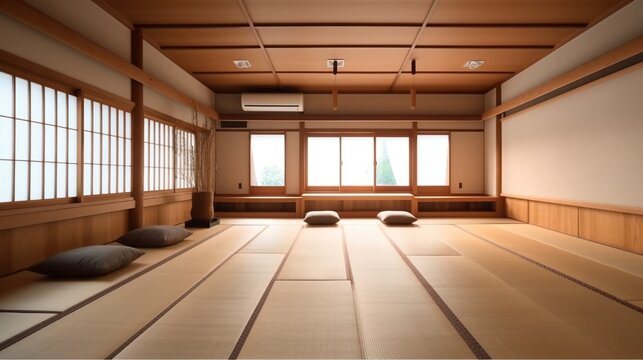 Spacious room for martial arts practicing. Traditional interior for dojo or karate school hall. Indoor background with copy space.