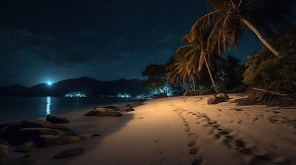 Beautiful moonlit tropical beach coast. Night time sandy coast with palm trees. Calm landscape with copy space. Outdoor background.