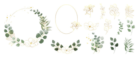 Luxury botanical gold wedding frame elements collection. Set of circle, glitters, leaf branches, flower, eucalyptus. Elegant foliage design for wedding, card, invitation, greeting.