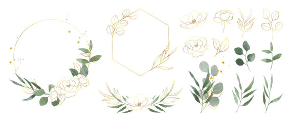 Luxury botanical gold wedding frame elements collection. Set of circle, glitters, leaf branches, flower, eucalyptus. Elegant foliage design for wedding, card, invitation, greeting.