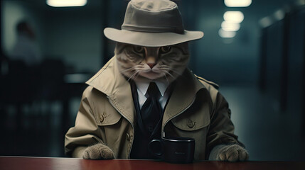 Detective inspector cat with hat cute little