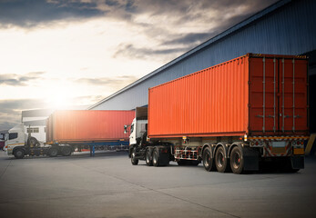 Naklejka na ściany i meble Semi Trailer Trucks on The Parking Lot at Warehouse. Trucks Loading at Dock Warehouse. Shipping Cargo Container Delivery Trucks. Distribution Warehouse. Freight Trucks Logistic, Cargo Transport.