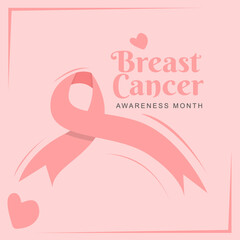 Breast cancer awareness month is celebrated in October. greeting poster design with pink ribbon and female breast shape frame. Vector illustration design