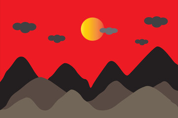 Art illustration of landscape with the moon, clouds, and mountains. Creative abstract mountain background. 