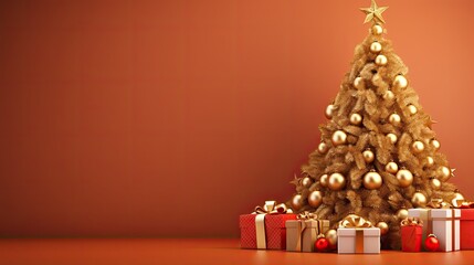 christmas decoration and celebration with tree, gift, background template illustration. empty space, copy space decoration, banner background.