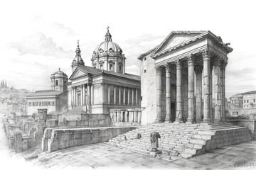 Pencil sketch drawing of Roman building architecture 