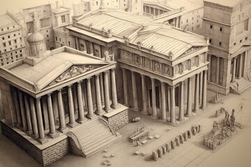 Pencil sketch drawing of Roman building architecture 