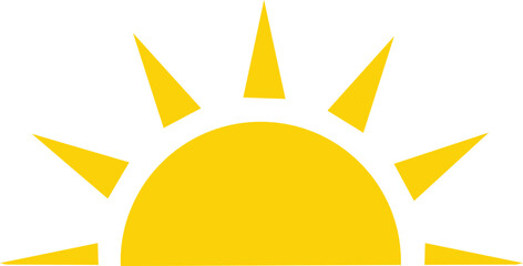 Yellow sun icon, sunshine and solar glow, sunrise or sunset. Decorative circle full and half sun and sunlight. Hot solar energy for tan. sun icon on white background.
