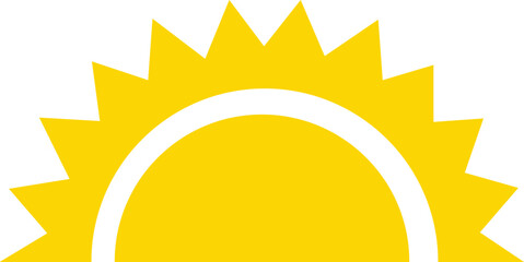 Yellow sun icon, sunshine and solar glow, sunrise or sunset. Decorative circle full and half sun and sunlight. Hot solar energy for tan. sun icon on white background.