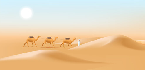 Cameleer men with camels caravan in a desert landscape, man leading animals in dune, 3d illustration