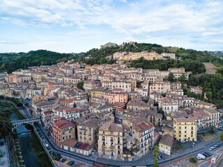 Obraz premium Aerial view of the beautiful old city of Cosenza and the medieval castle, in the region of Calabria, Italy.