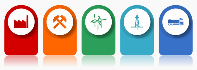 Industry and technology icon set, miscellaneous vector icons such as factory, mining, wind energy, oil and truck, modern design infographic template, web buttons in 5 color options