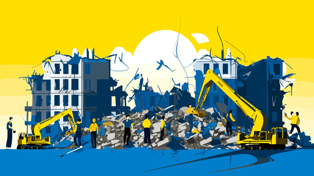 AI generated, vector illustration, view of Construction site with heavy equipment, concept of rebuilding Ukraine after the war. Debris is present after the war. Building new skyscrapers and houses. Il